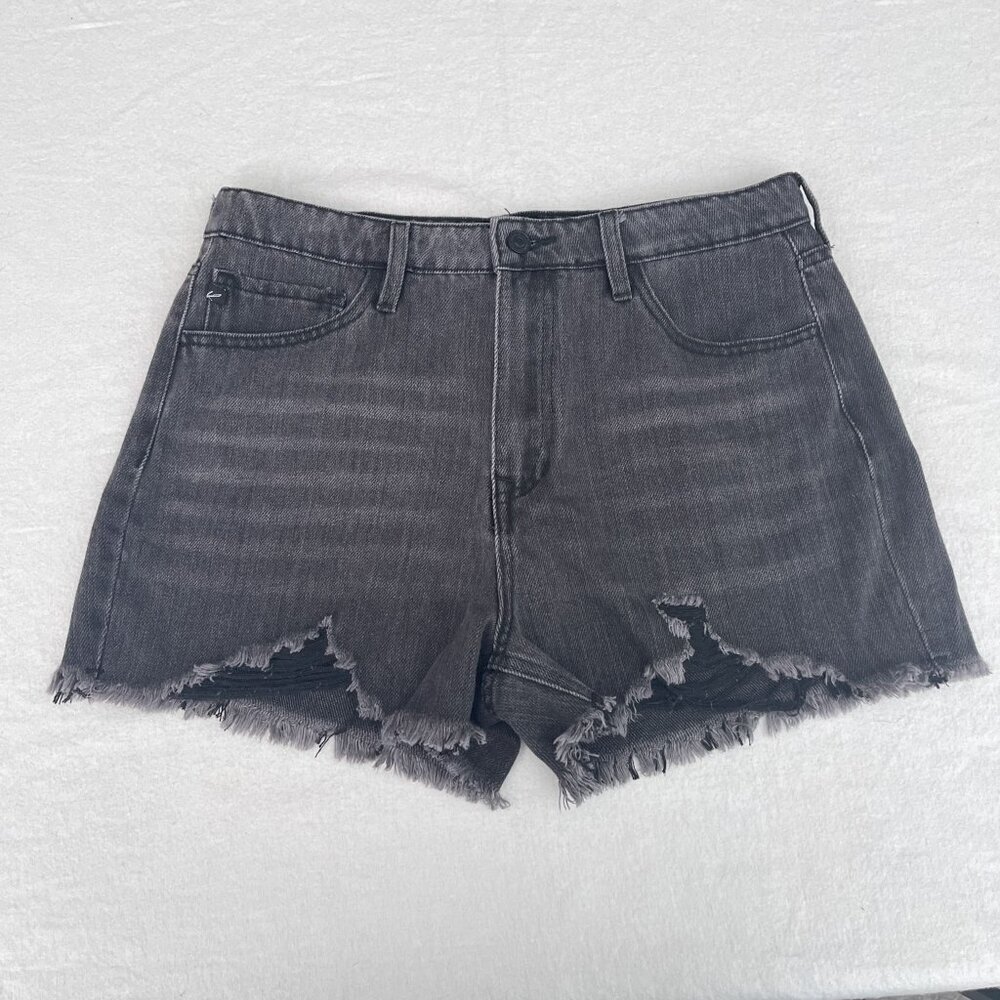 KanCan Womens Frayed‎ Hem Black Denim Shorts Faded Shark Bite Size 11/29